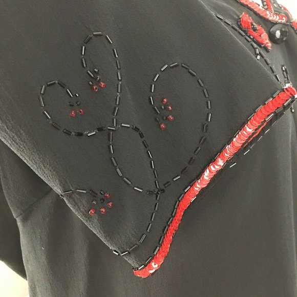 Carole Little Womens Silk Top Black Size 4 Blouse Red Semi Sheer Flower Bead VTG - Picture 4 of 10